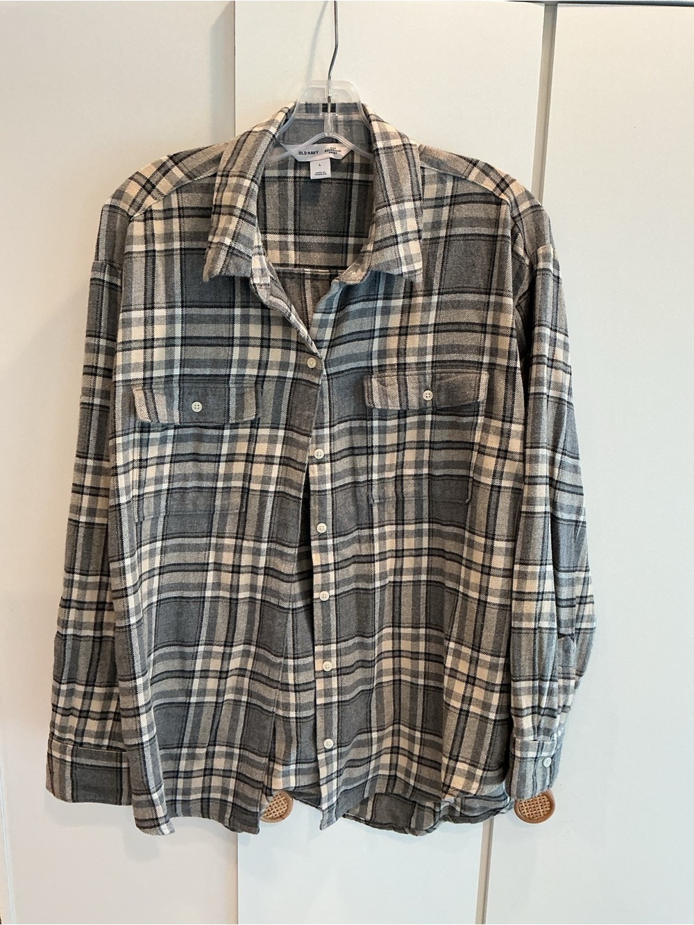 Old Navy Grey and Cream Plaid Boyfriend Shirt